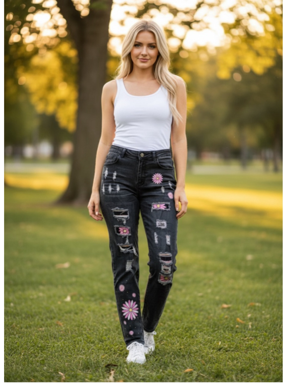 Wear Jeans Floral Patch Distressed Black Denim Jeans Size L (30” Waist)